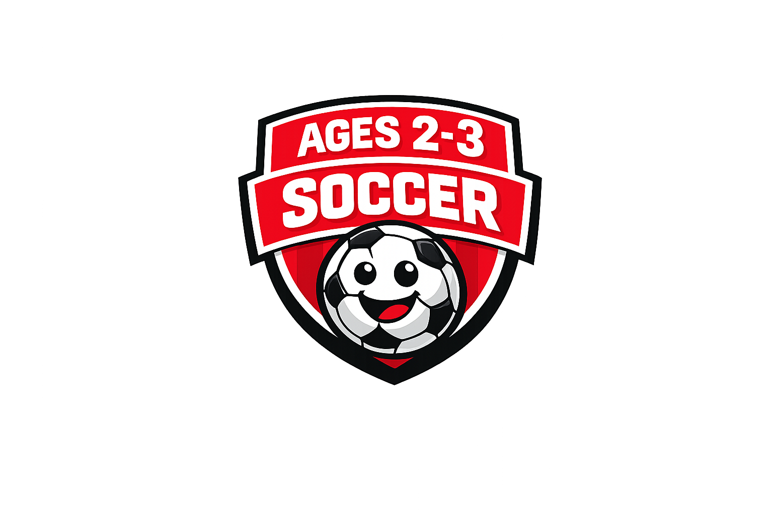Logo for ages 2-3 soccer with a smiling soccer ball in a shield shape, red and black colors.