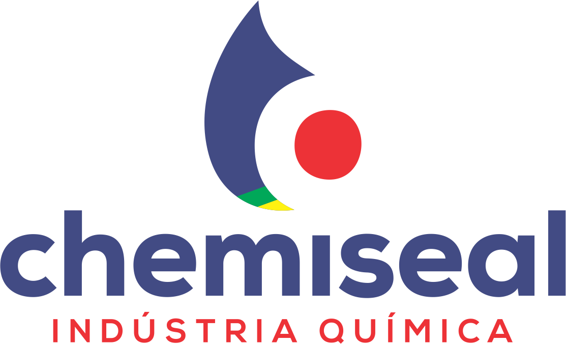 Logotipo da Chemiseal Ind&uacute;stria Qu&iacute;mica. Chama abstrata em azul, vermelho, verde e amarelo, com o nome da empresa