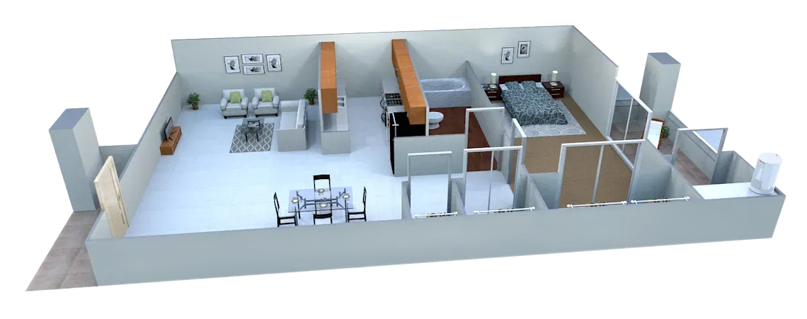 3D floor plan of a modern apartment interior with multiple rooms and furniture