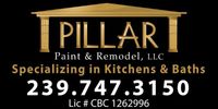 Pillar Paint & Remodel, LLC logo with gold columns and text: kitchens, baths, and phone number 239.747.3150