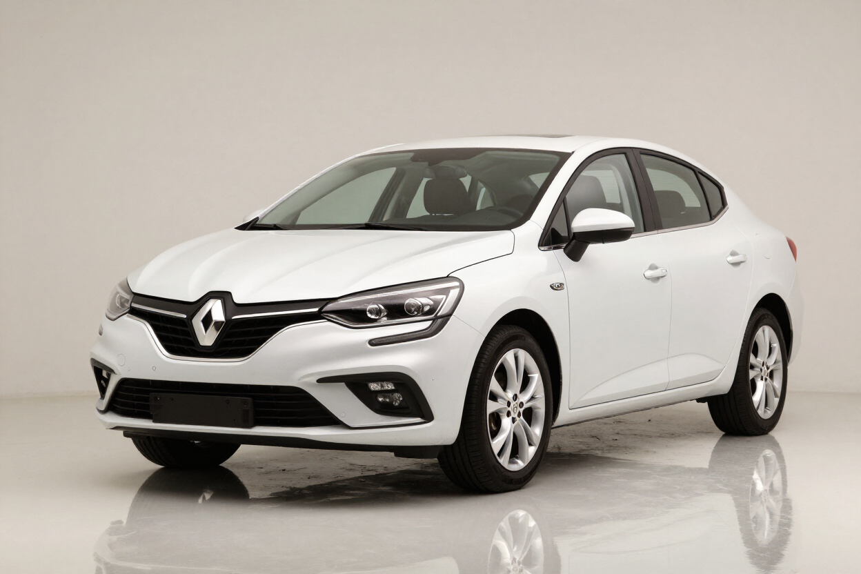 Sedán Renault blanco en un estudio, vista frontal en ángulo sobre un fondo claro.