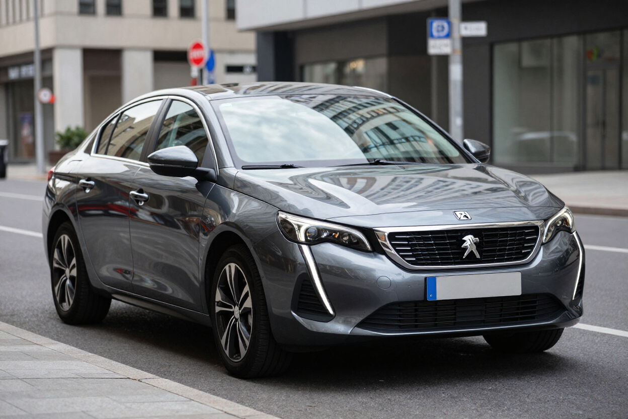Sedán Peugeot gris estacionado en una calle de la ciudad frente a edificios modernos.