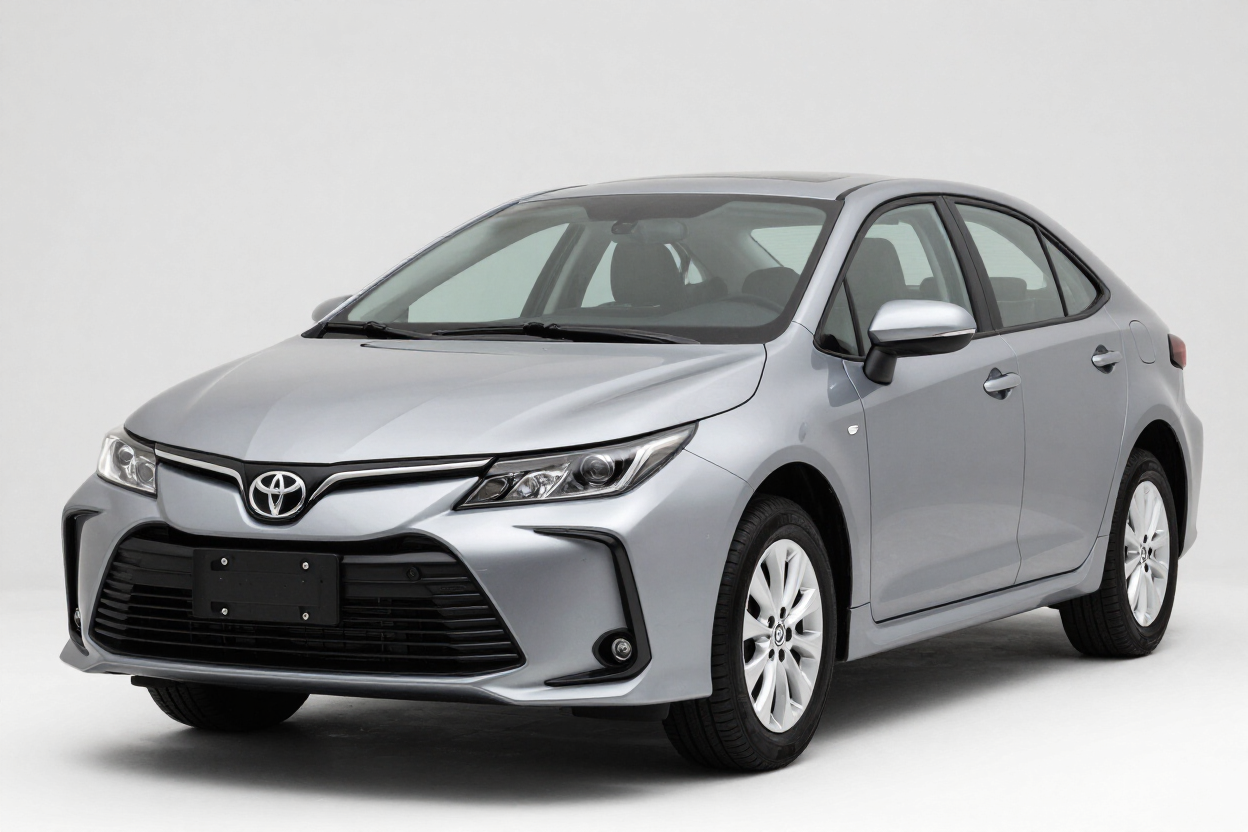 Sedán Toyota plateado sobre un fondo blanco de estudio, vista frontal de tres cuartos.