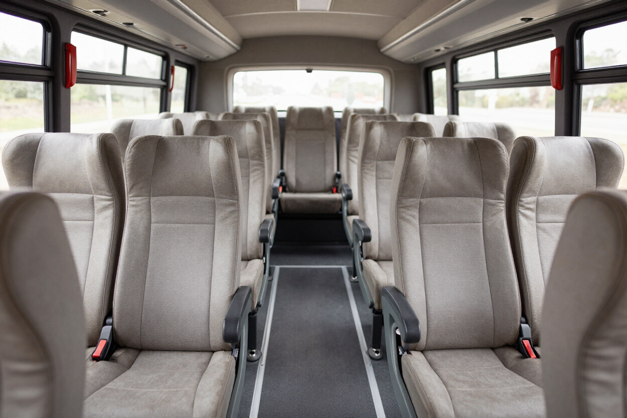 Interior vacío de un autobús con filas de asientos grises y grandes ventanas laterales.