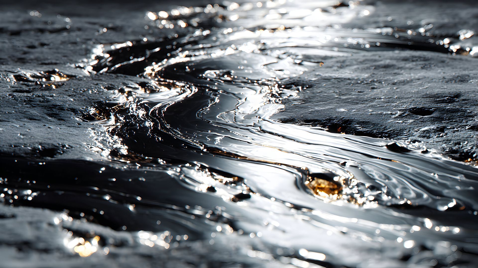 Close-up of thick, shimmering oil on a dark surface during a petroleum spill cleanup operation. Close-up of thick, shimmering oil on a dark surface during a petroleum spill cleanup operation.