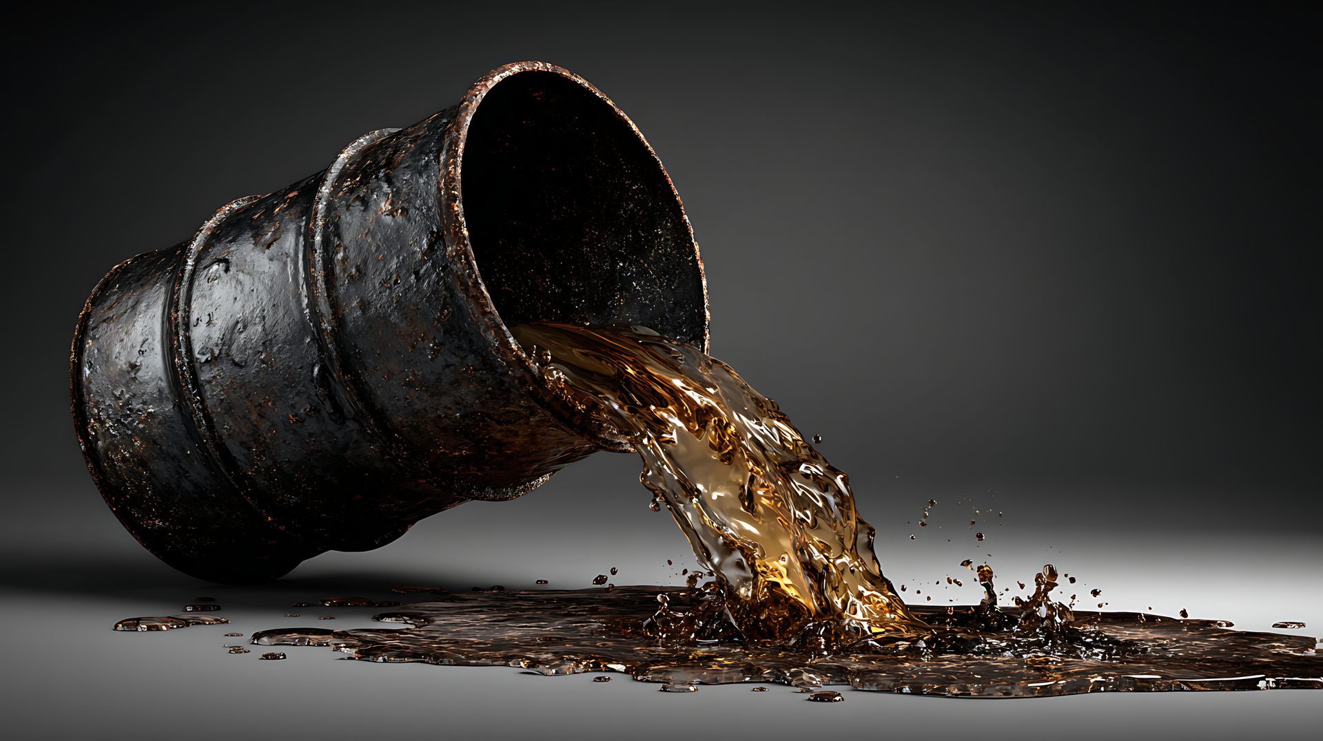 Dark barrel pouring thick oil onto a gray surface, highlighting petroleum spill cleanup needs. Dark barrel pouring thick oil onto a gray surface, highlighting petroleum spill cleanup needs.