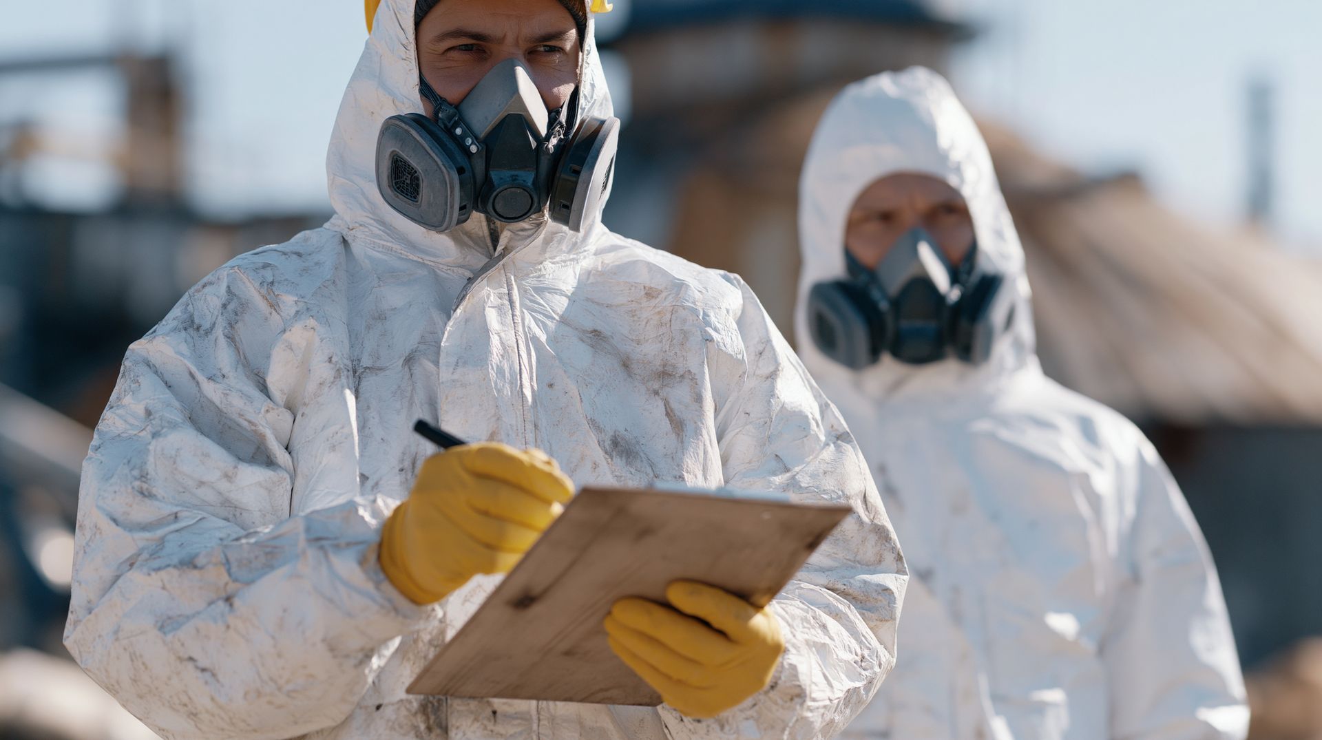 Hazmat workers in protective suits and respirators reviewing spill response documentation at an industrial facility