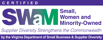 Certified SWaM logo in purple and green with “Small, Women and Minority-Owned” text on white background