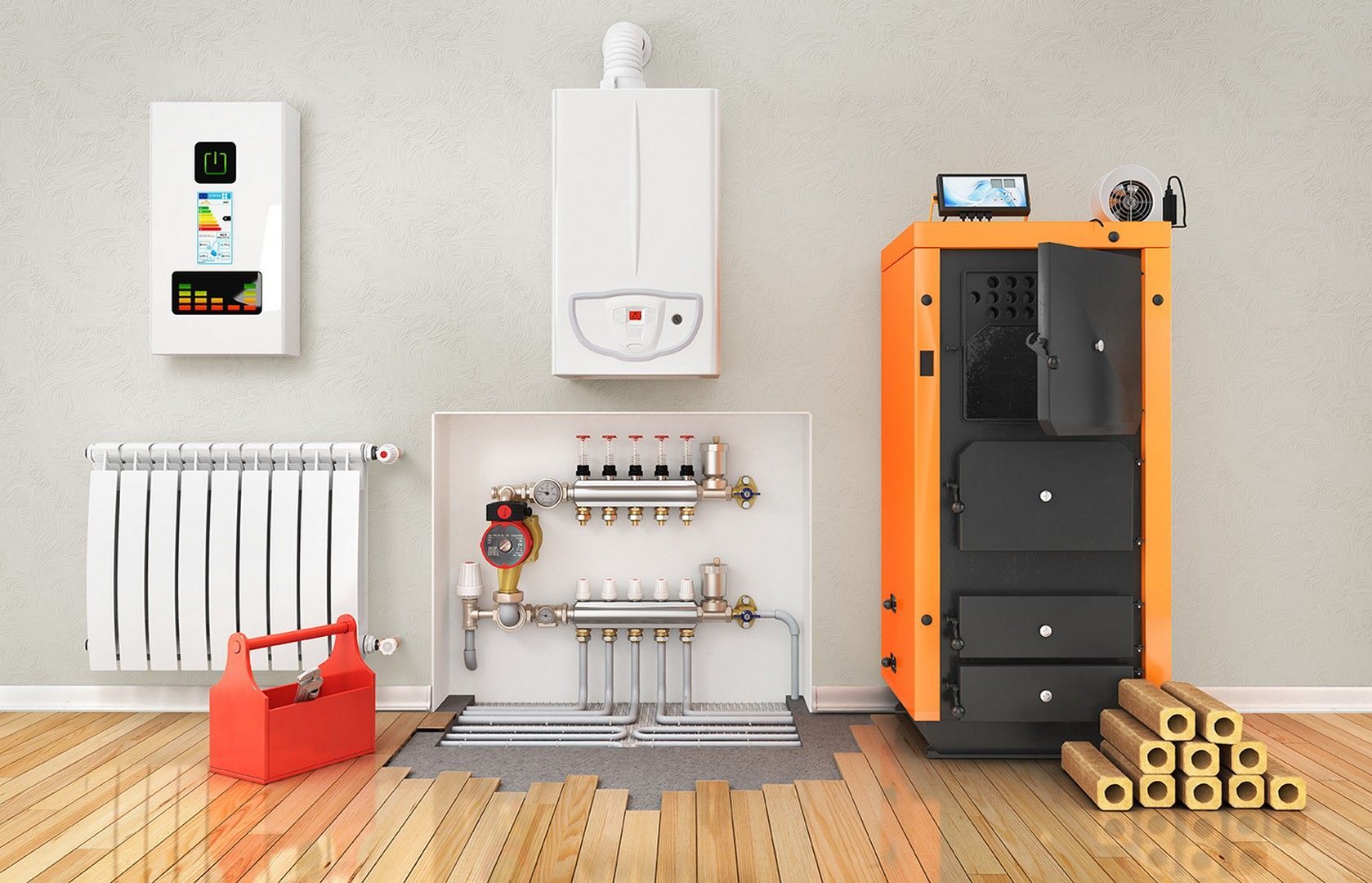 Componenti dell'impianto di riscaldamento: caldaia, termosifone, kit di attrezzi, ceppi di legna, su pavimento in legno contro una parete grigia.