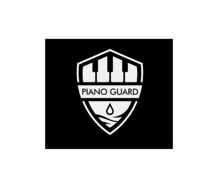 PianoGuard luchtbevogtichingssysteem Zwart-wit Piano Guard-schildlogo met pianotoetsen en een druppelicoon