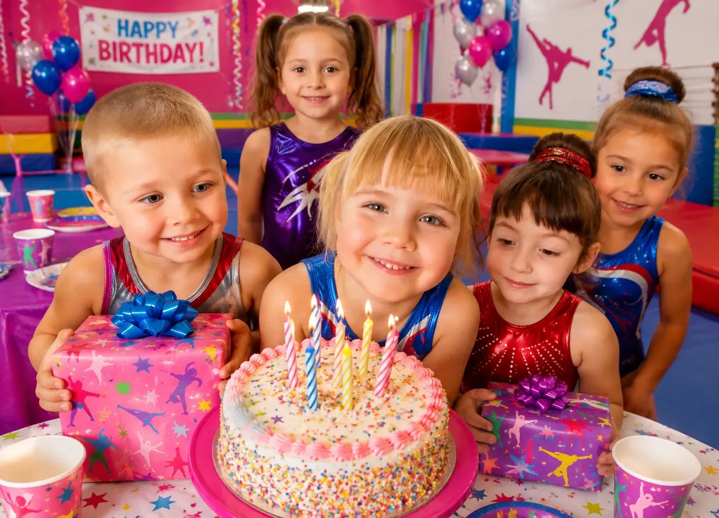 A group of children are celebrating a birthday with a cake and presents