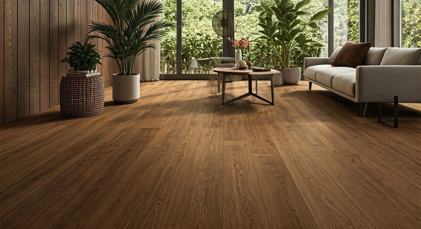 Modern living room with wood flooring, large windows, potted plants, a coffee table, and a sofa