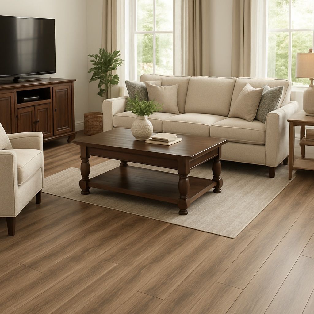 Cozy beige living room with sofa, coffee table, armchair, TV stand, and wood flooring by bright windows