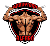 Muscular handyman logo lifting crossed wrenches above a shield, with red text &ldquo;HANDYMAN ALFARO&rdquo;