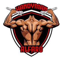 Muscular handyman logo lifting crossed wrenches above a shield, with red text &ldquo;HANDYMAN ALFARO&rdquo;
