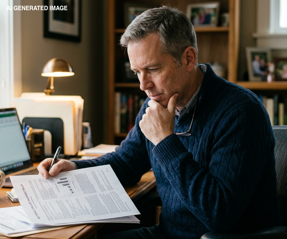 Man studying documents at a desk beside a laptop, with a thoughtful expression in a warmly lit home office