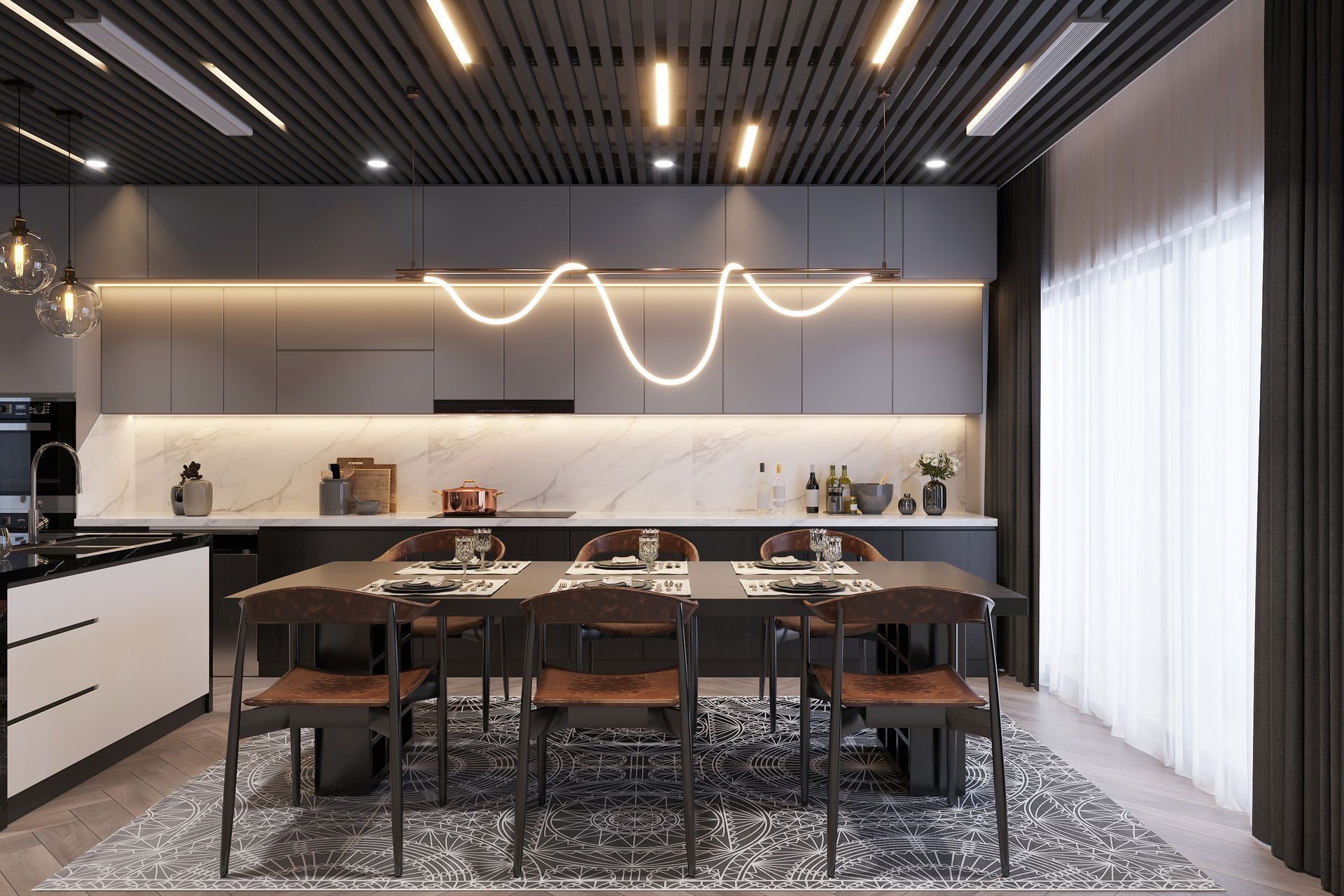 Modern kitchen and dining area with wood table, bar stools, white cabinetry, and soft pendant lighting.