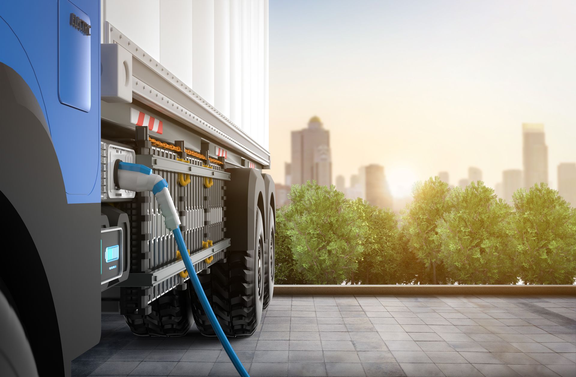 Blue electric truck charging at a station beside a sunny city skyline
