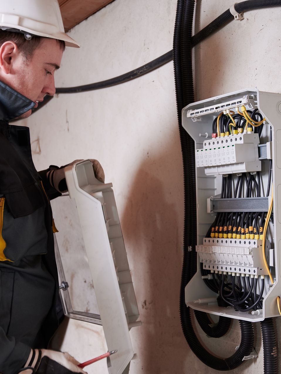 A man in a hard hat is working on an electrical box