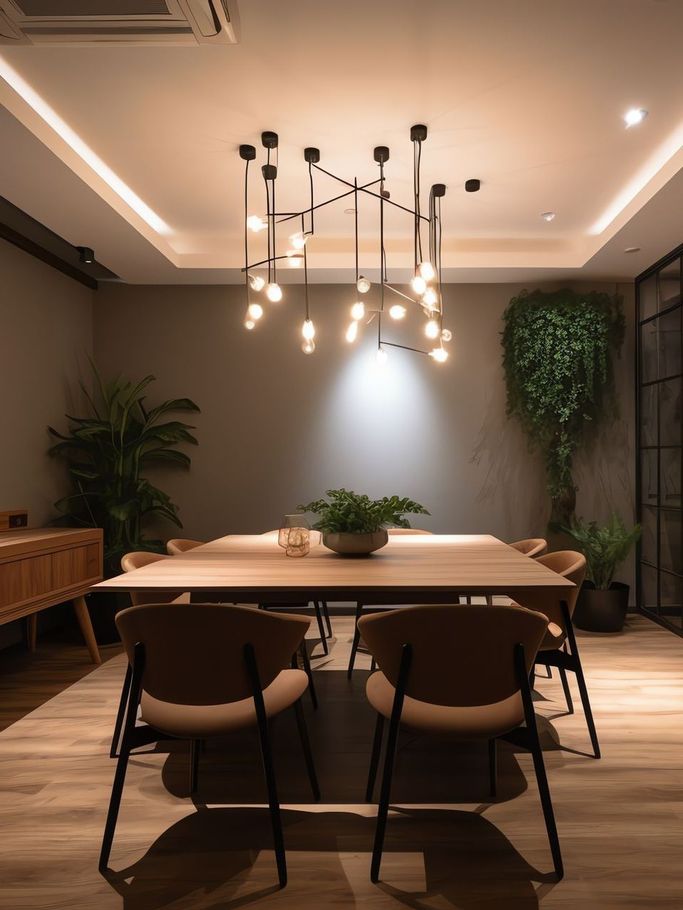 A dining room with a table and chairs and a chandelier hanging from the ceiling.