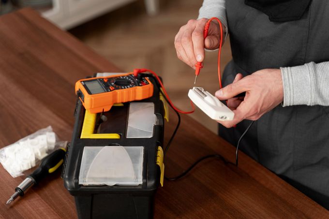 A man is fixing a remote control with a multimeter.