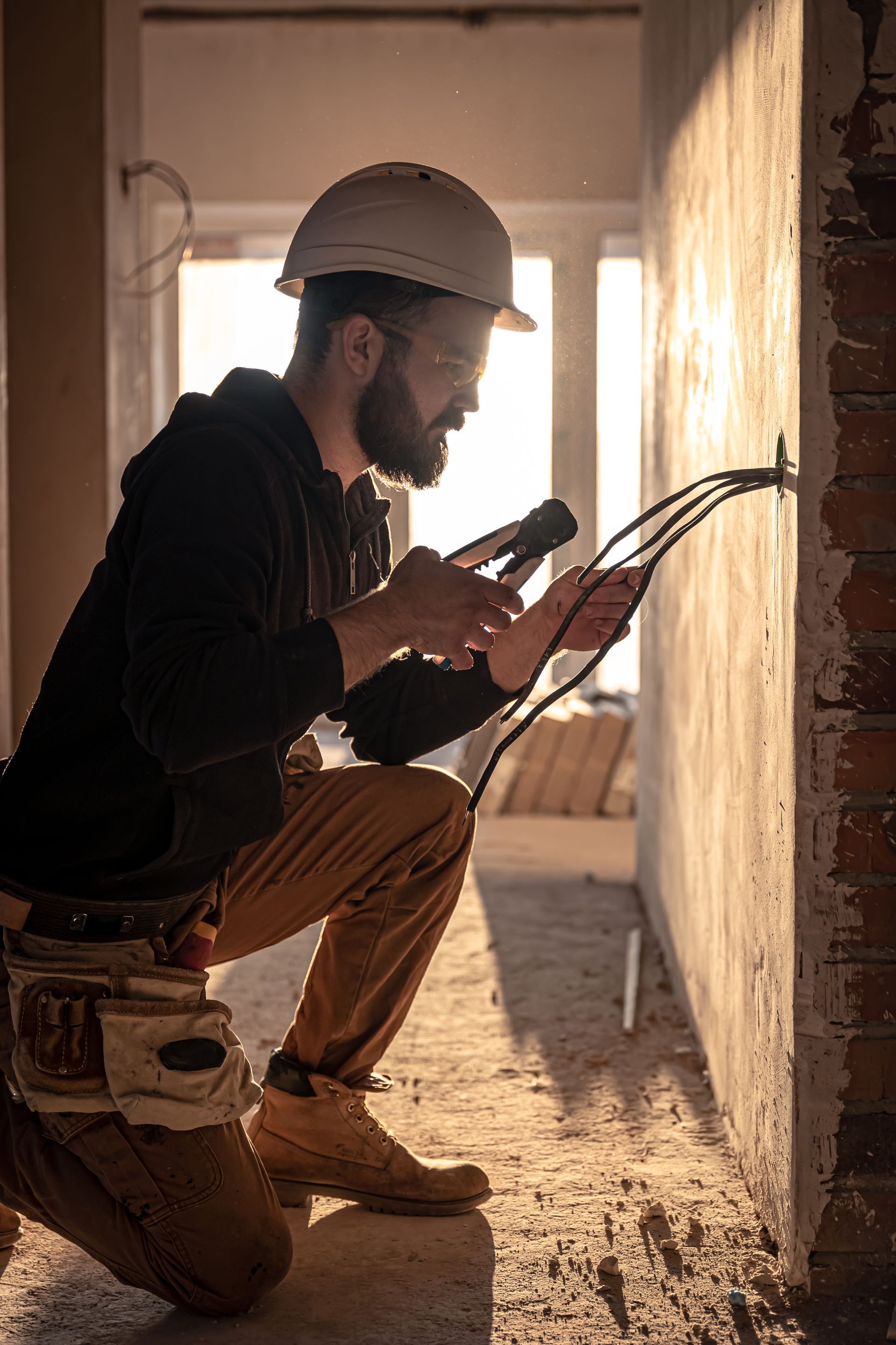 A man is kneeling down and working on a wall.