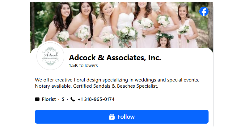 Facebook page for Adcock & Associates, Inc. with wedding floral arrangements and a blue Follow button