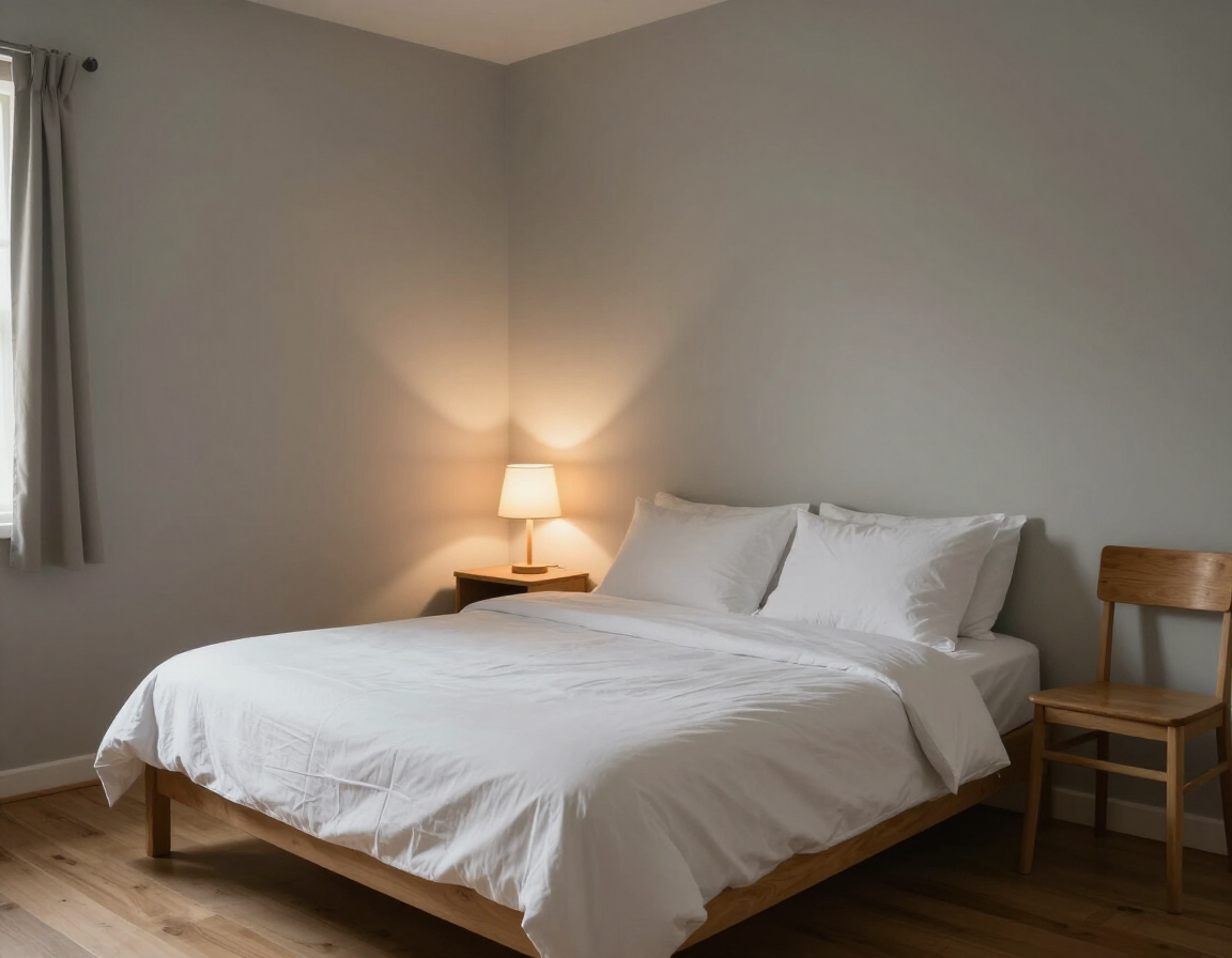 Dormitorio minimalista con cama blanca, lámpara de noche encendida, silla de madera y paredes grises.