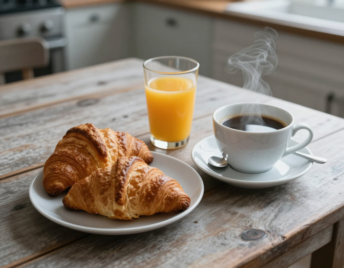 Croissants, zumo de naranja y una taza de café humeante sobre una mesa rústica en una cocina.