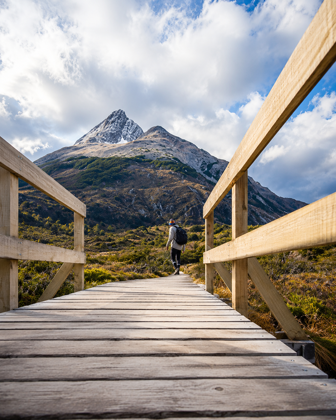 Un excursionista cruza un puente de madera que conduce a una montaña nevada bajo un cielo azul nublado.