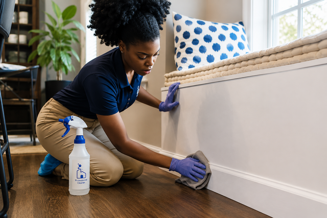 Person cleaning a white baseboard with a spray bottle and cloth in a living room