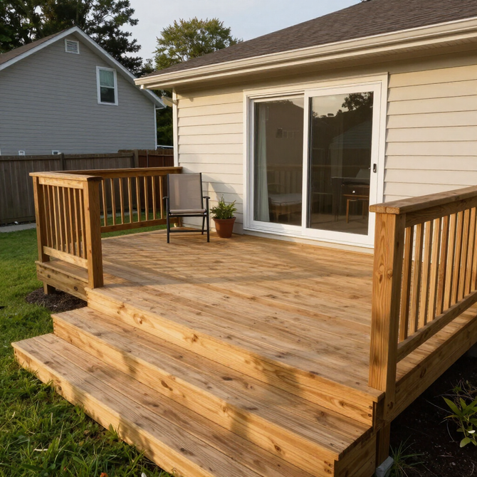Wooden backyard deck with steps, railing, and sliding glass doors on a beige house