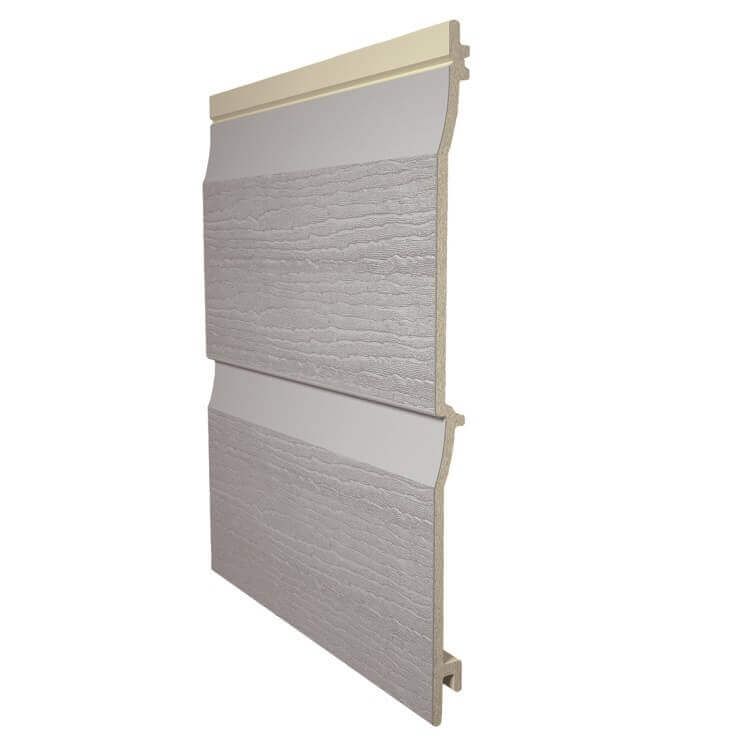 Grijs en beige composiet gevelbekledingspaneel met houtnerfstructuur.
