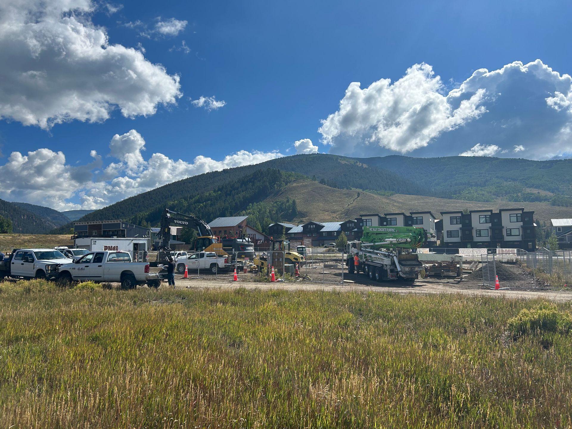 A group of trucks are parked in a field with mountains in the background.