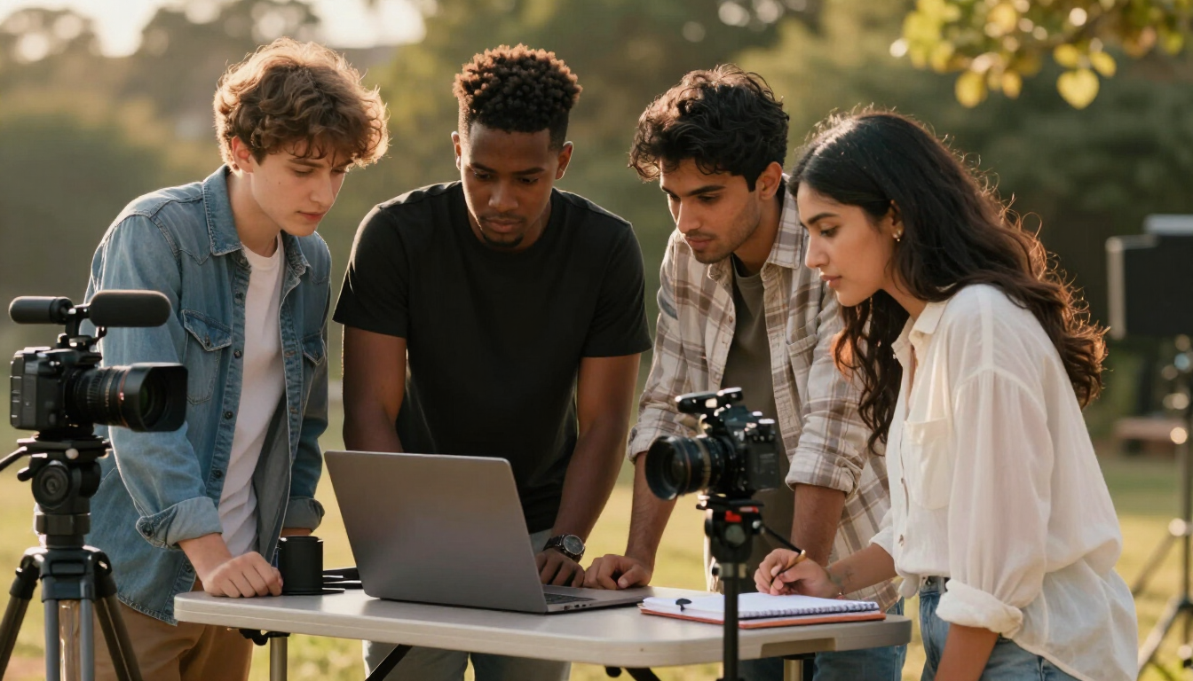 Young filmmakers collaborating on location