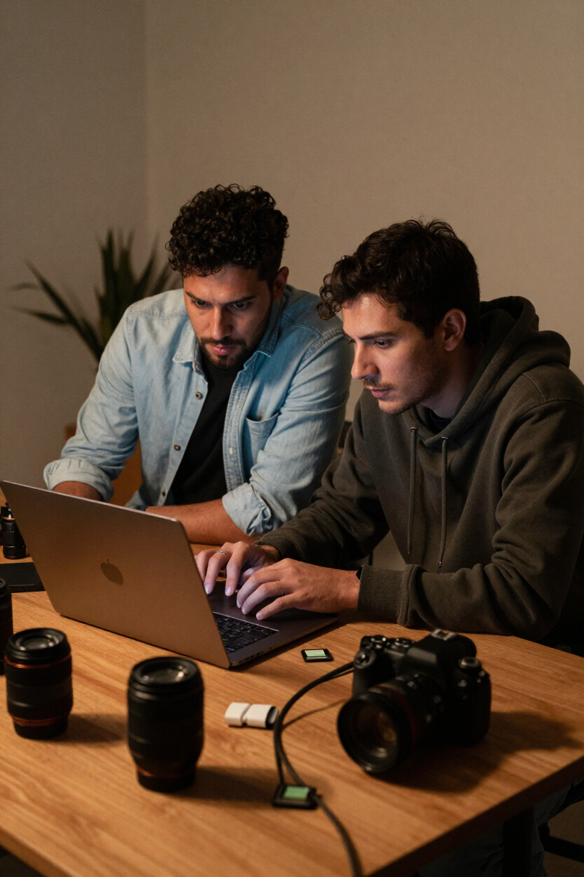 Two filmmakers reviewing footage together