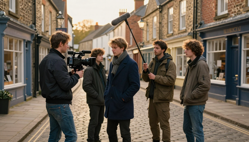 Film crew on a cobbled street in a northern English town creating a film to enter into the RATMA Film Festival