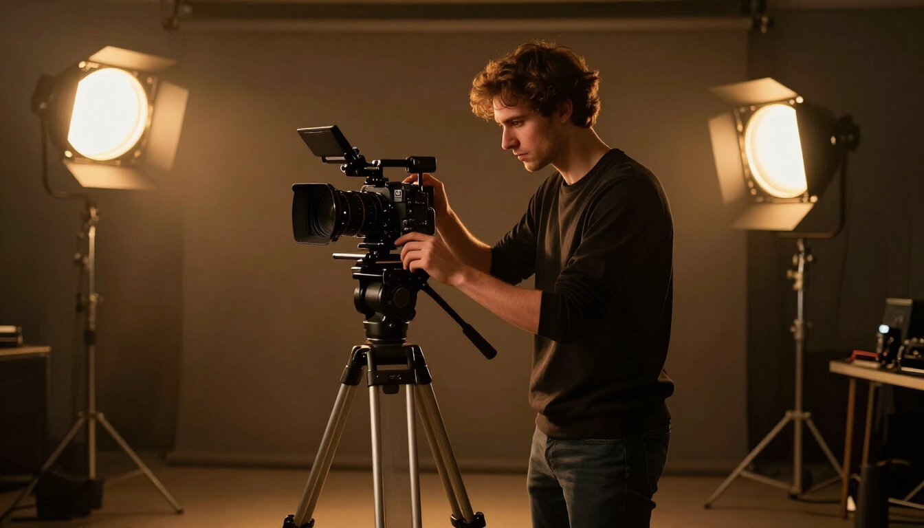 Filmmaker adjusting camera in a studio