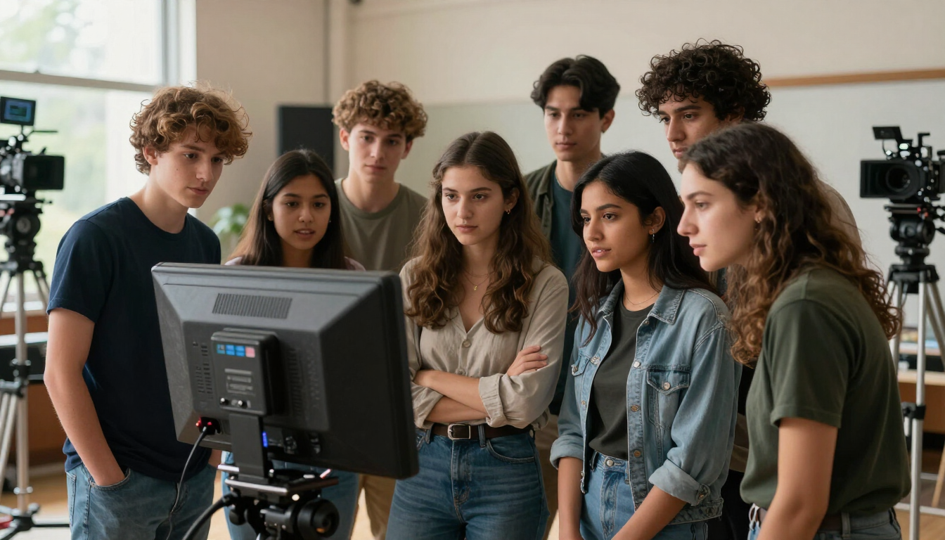 Film students reviewing footage on a college set