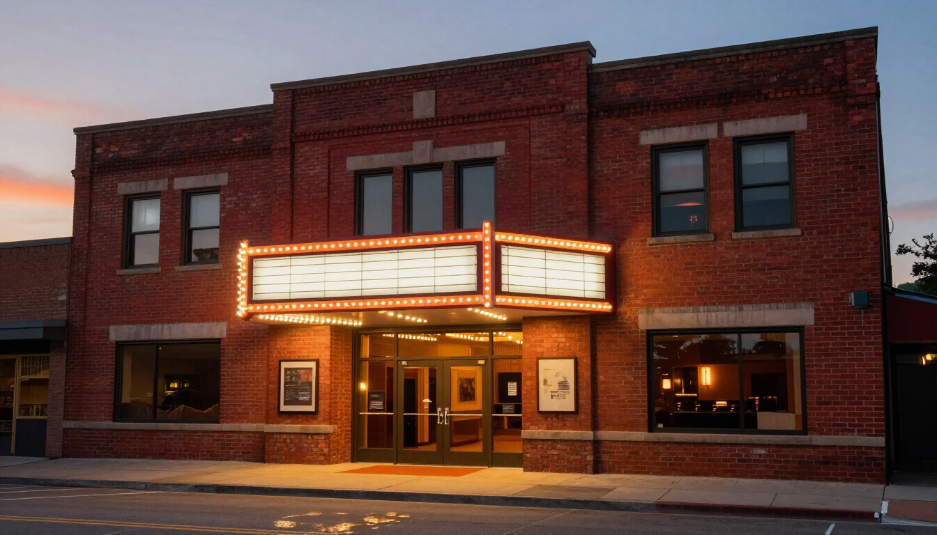 Independent cinema exterior at dusk