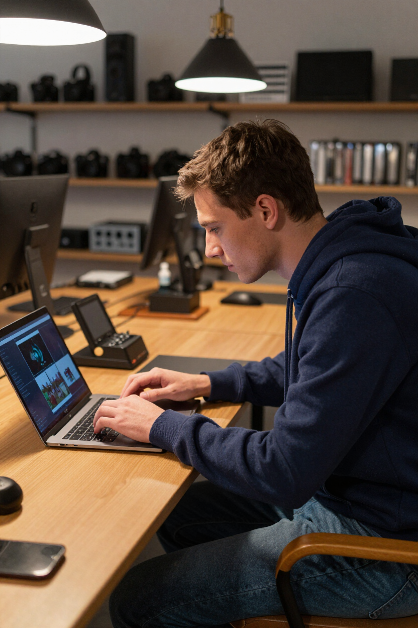 Young filmmaker reviewing footage on a laptop in a college media room