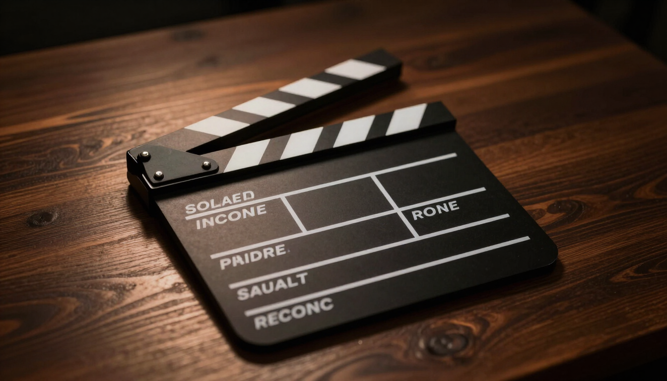 Film clapper board on a dark table with warm amber side light