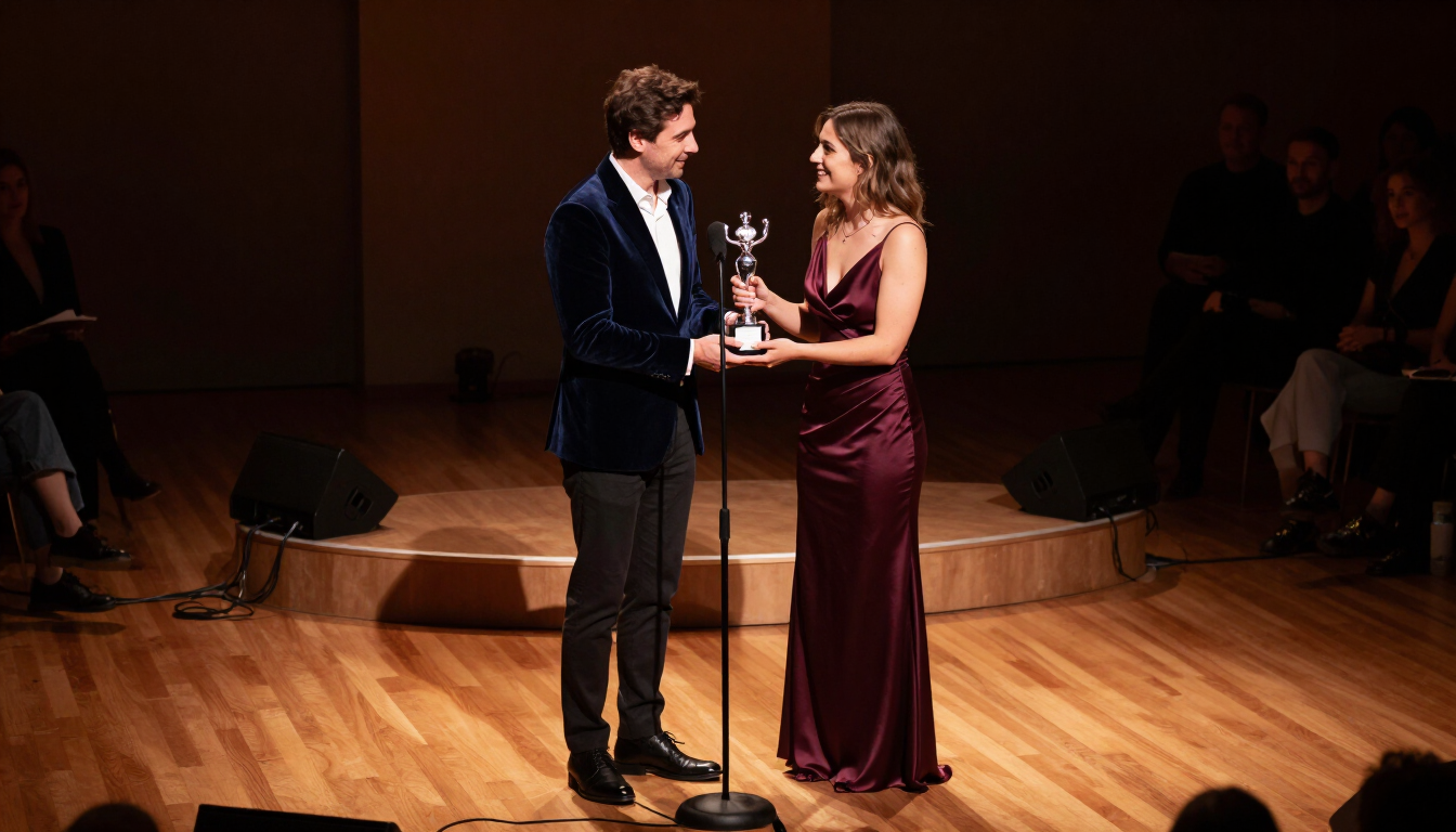 Presenter handing an award trophy to a delighted filmmaker at a small festival stage