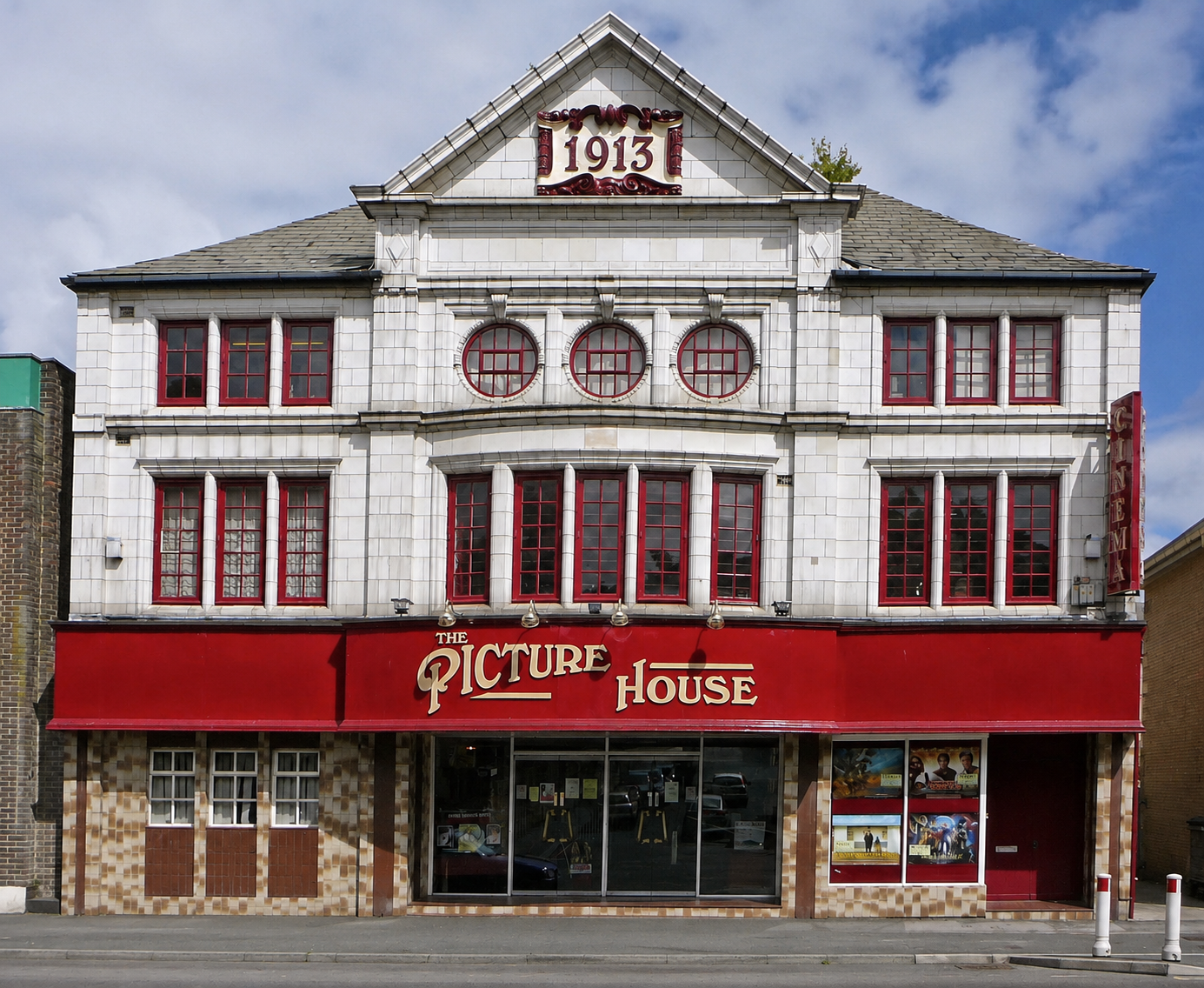 Independent cinema exterior at dusk