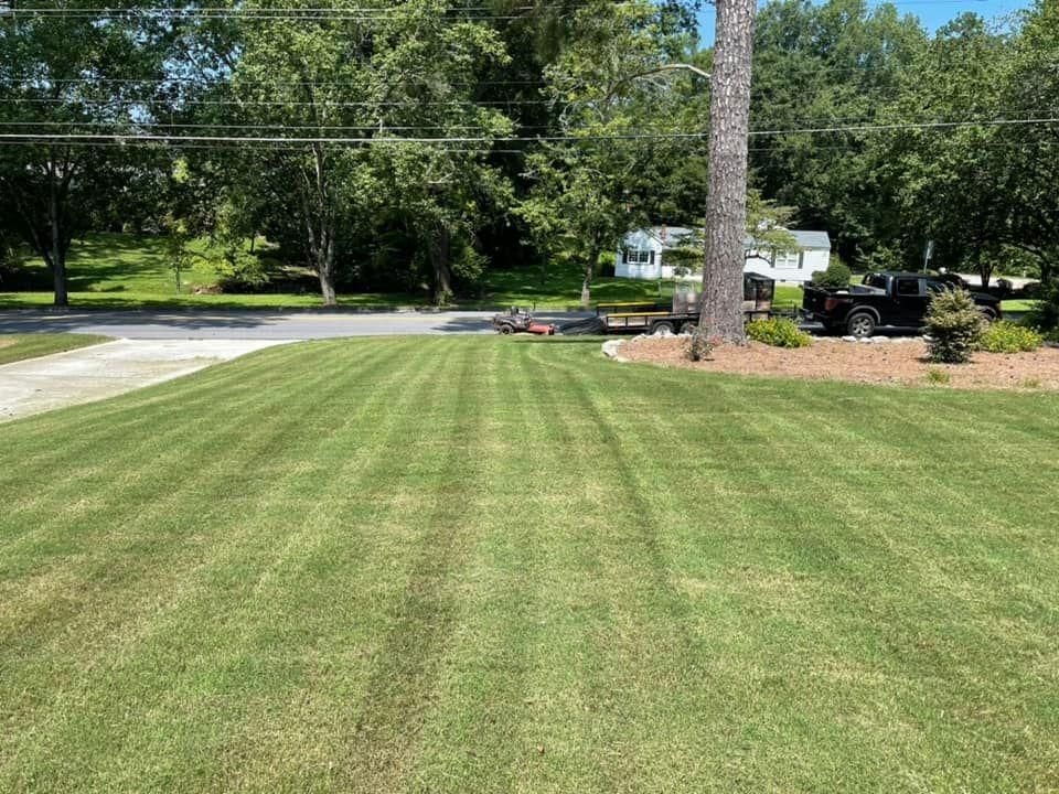 A freshly mown green lawn with visible grass stripes, leading toward a paved road, trees, and a house in the distance.