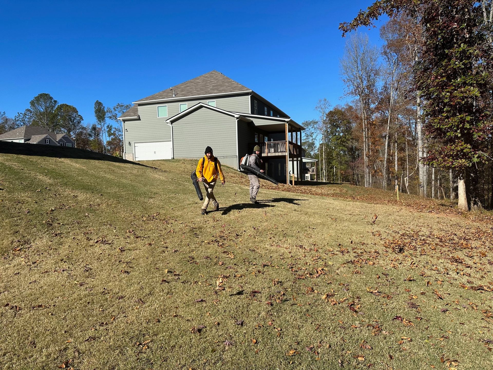 Two people walk across a grassy, leaf-covered yard near a house on a sunny day, carrying landscaping equipment.