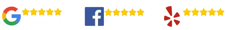 Google, Facebook, and Yelp logos with yellow star ratings beside them