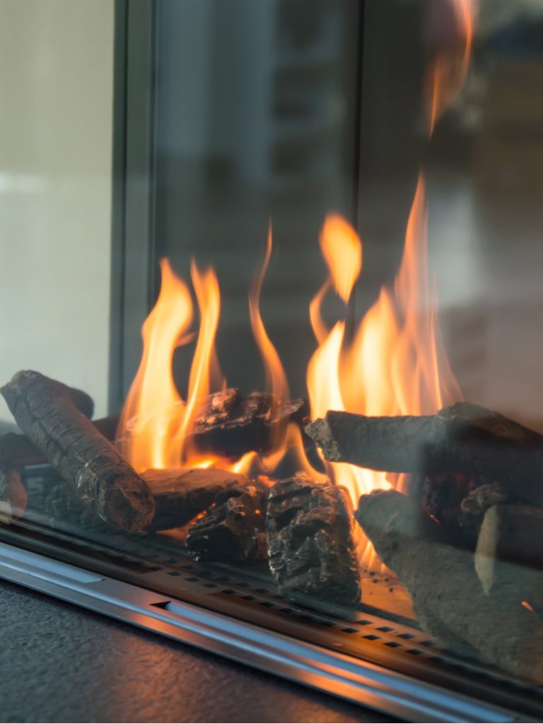 Modern fireplace with bright orange flames and dark logs behind glass.