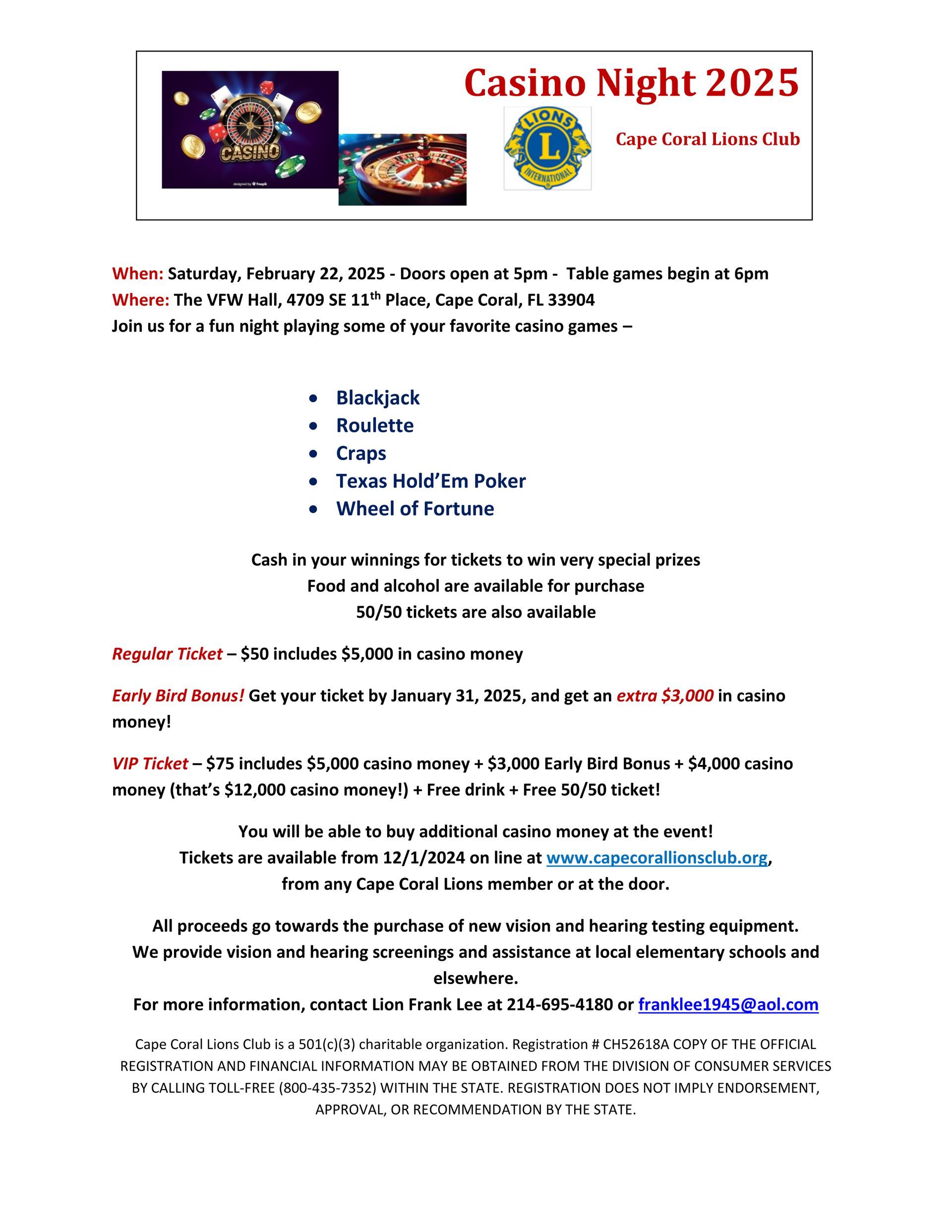 It is a flyer for a casino night in 2025.
