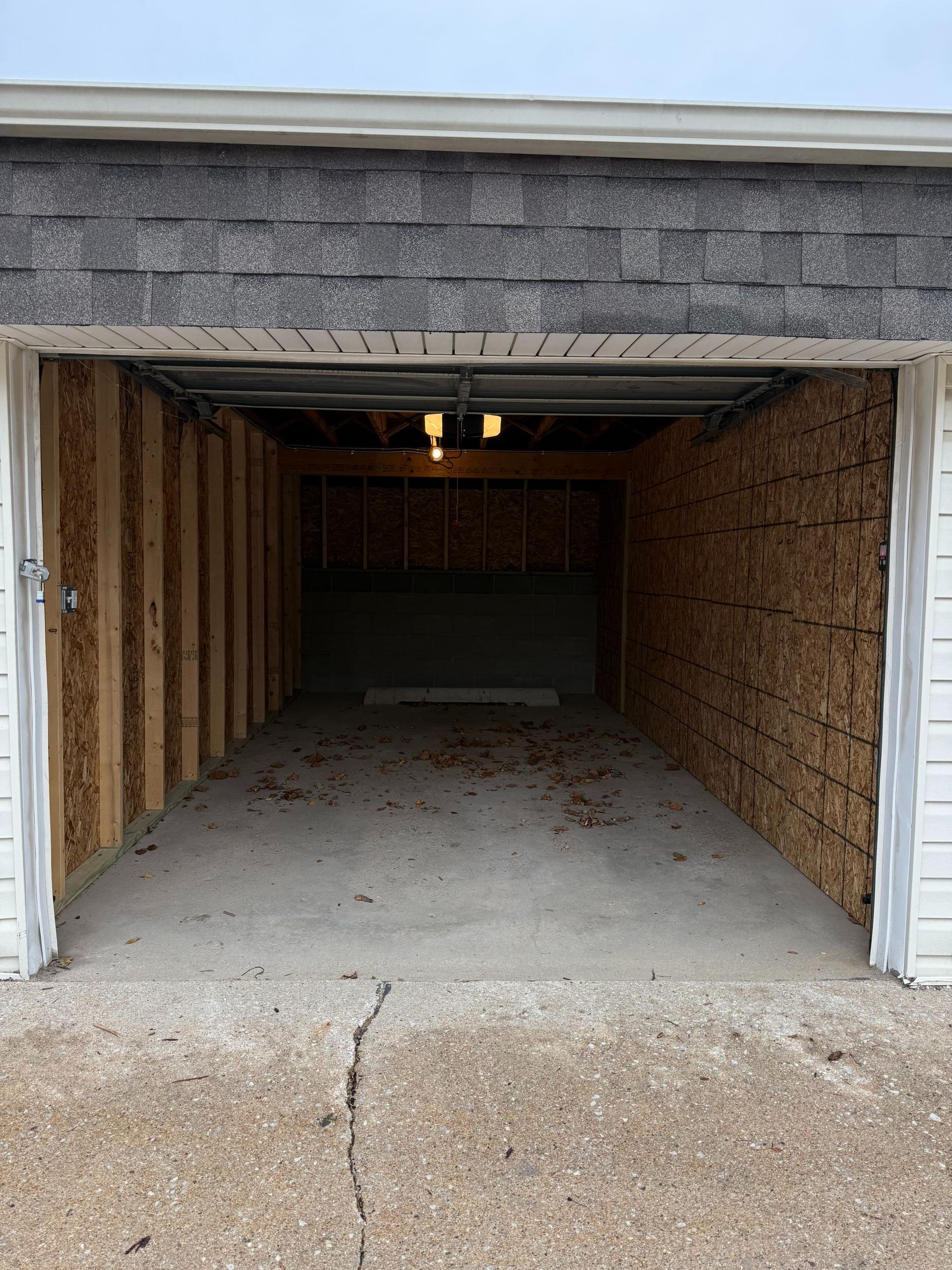 Empty garage interior; OSB walls, concrete floor, open door.